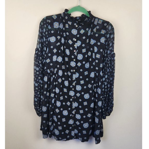 Free People Boho Print Long Sleeve Mini Dress sz XS - Picture 1 of 12